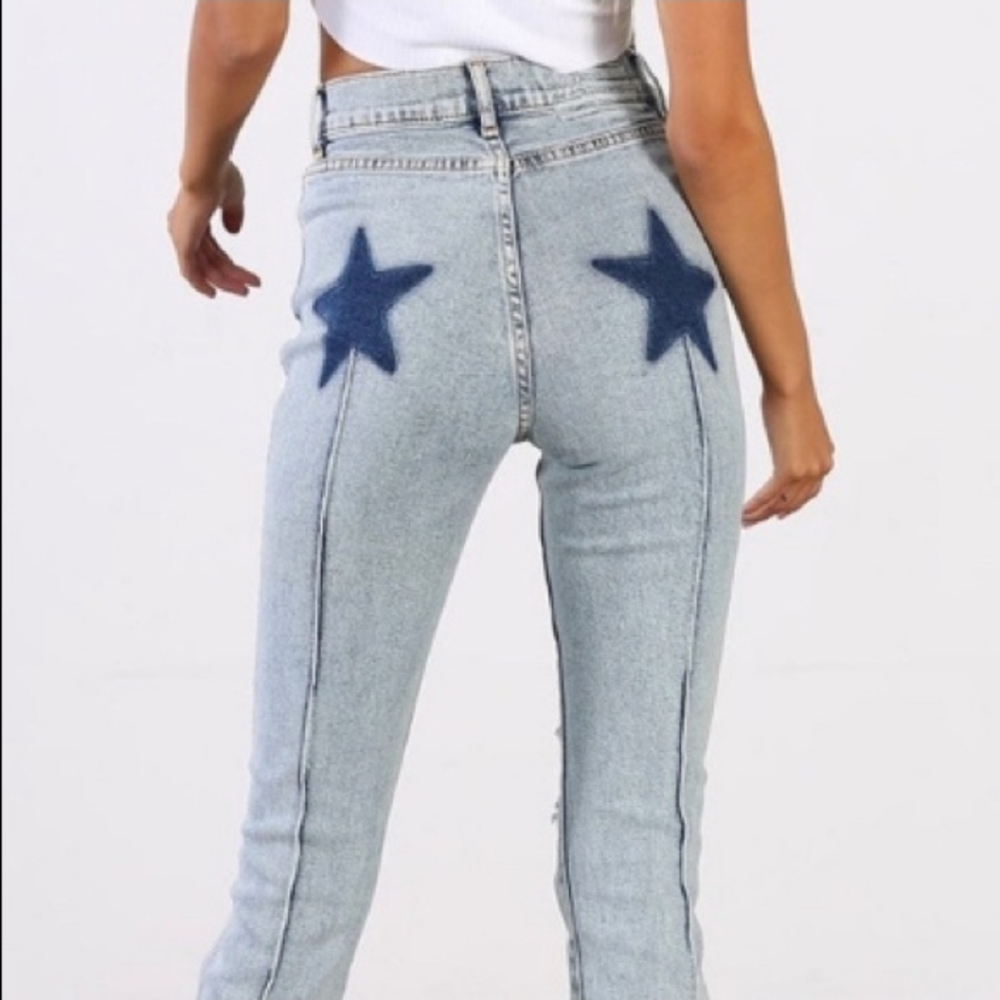 REVICE Light Wash Jeans with Navy Star Appliqués
